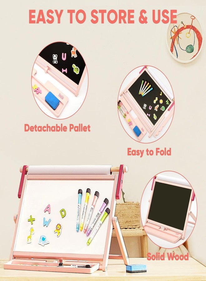 FUNLIO Double-Sided Tabletop Easel for Kids Ages 3+ (100+ Pcs), Wooden Magnetic Table Easel with 3 Adjustable Angles, Kids Easel with Whiteboard, Chalkboard & Paper Roll, Foldable&Anti-Warping - Pink - Image 4